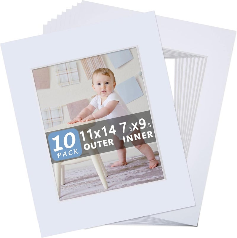 Somime 10 Pack Pre-Cut 11 x 14 White Picture Mats for 8x10 Photos - White Core Bevel Cut Frame Matte, Acid Free, Ideal for Frames/Artwork/Prints - Image 1